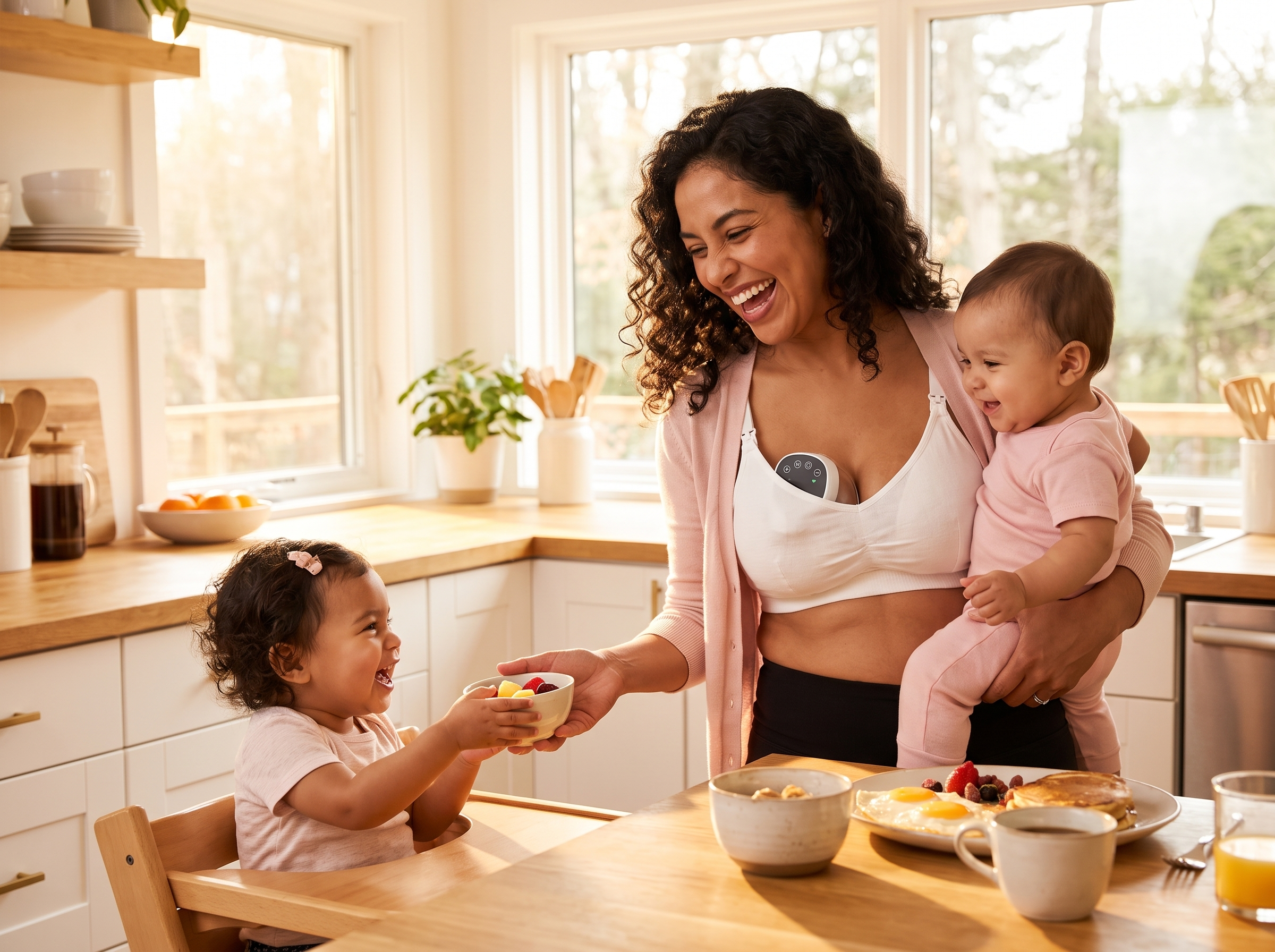 PAS-SOLUCION: mamá feliz manos libres con el Aura en el desayuno